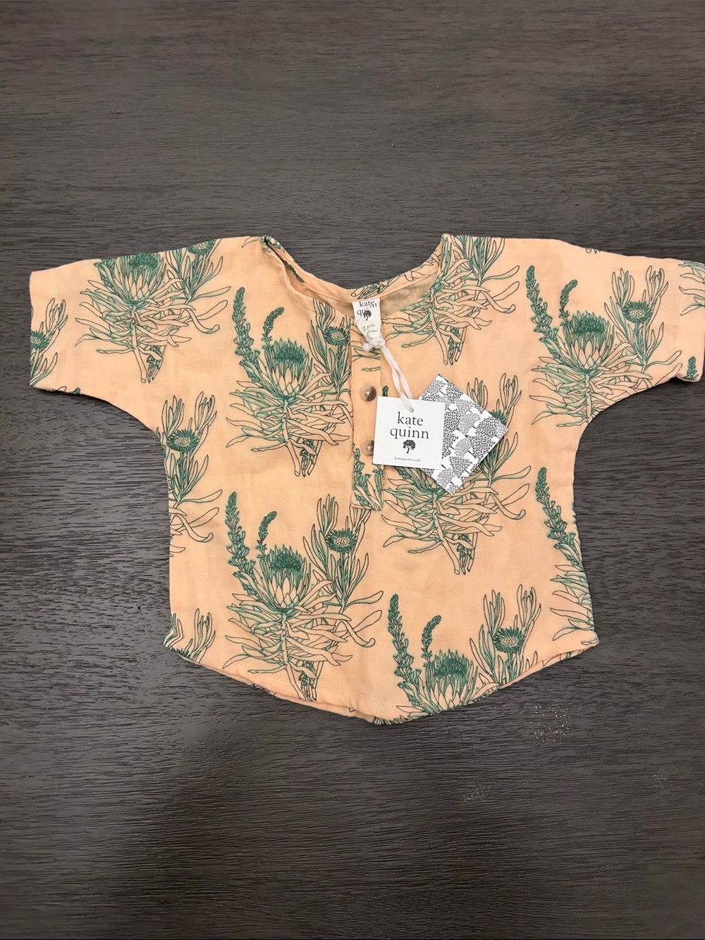 kate quinn Peach Top with Green Floral Print